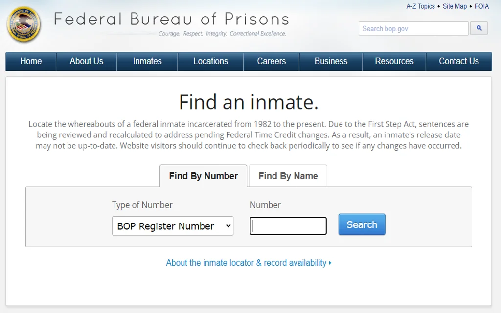 Federal Bureau of Prisons website screenshot with find an inmate search tool with choices for both name and inmate number lookup. 