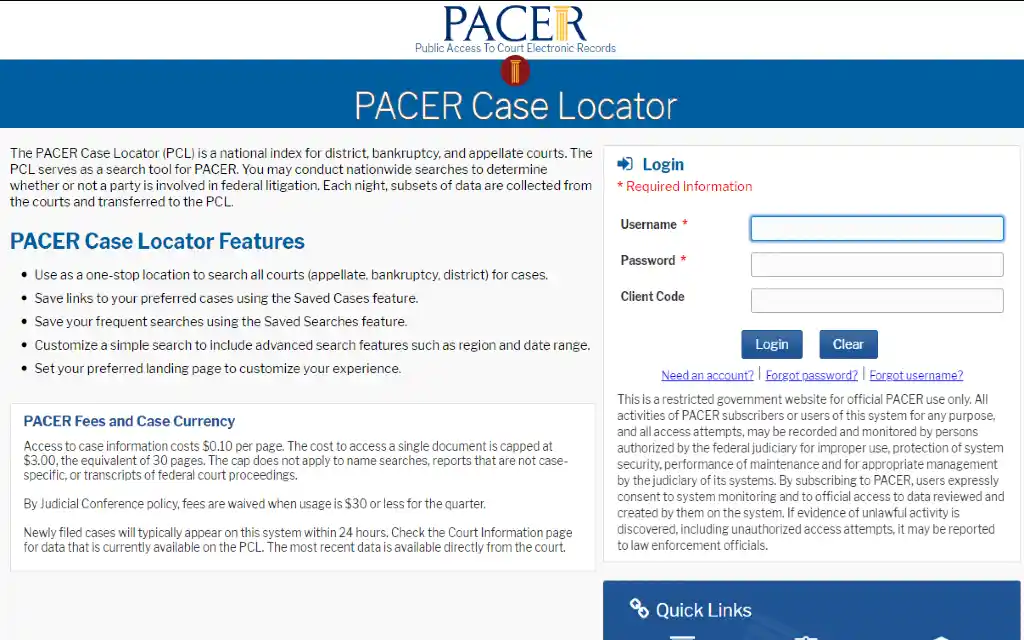 PACER screenshot court database lookup with login boxes that require username and password for searching court records. 