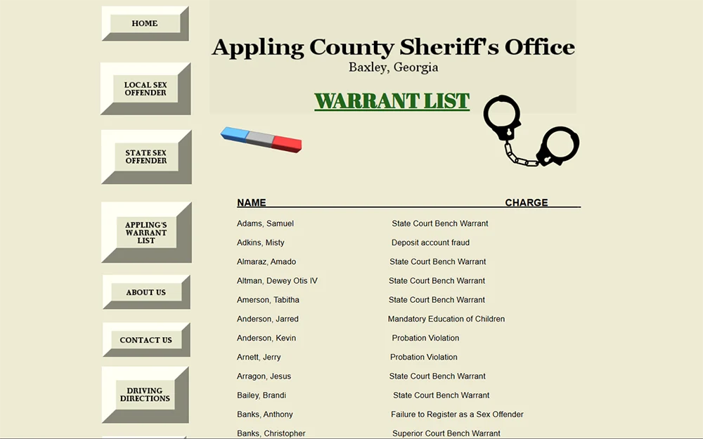 A screenshot from Appling County Sheriff's Office website's warrant list page showing several names with charges.