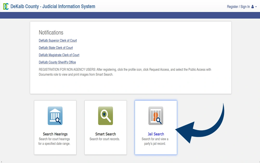 A screenshot of Dekalb County Judicial Information System homepage showing the Jail Search button.