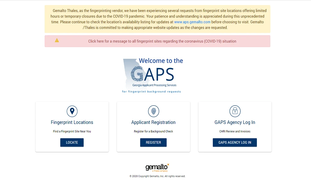 A screenshot from the Georgia Applicant Processing Services website's homepage showing different services such as the fingerprint locations, applicant registration, and GAPS agency log in.