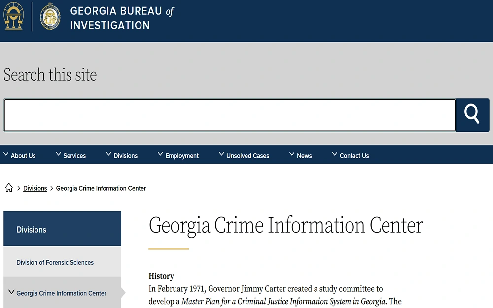 A screenshot of Georgia's Office of the Attorney General website showing the Georgia crime information center page and a search bar.