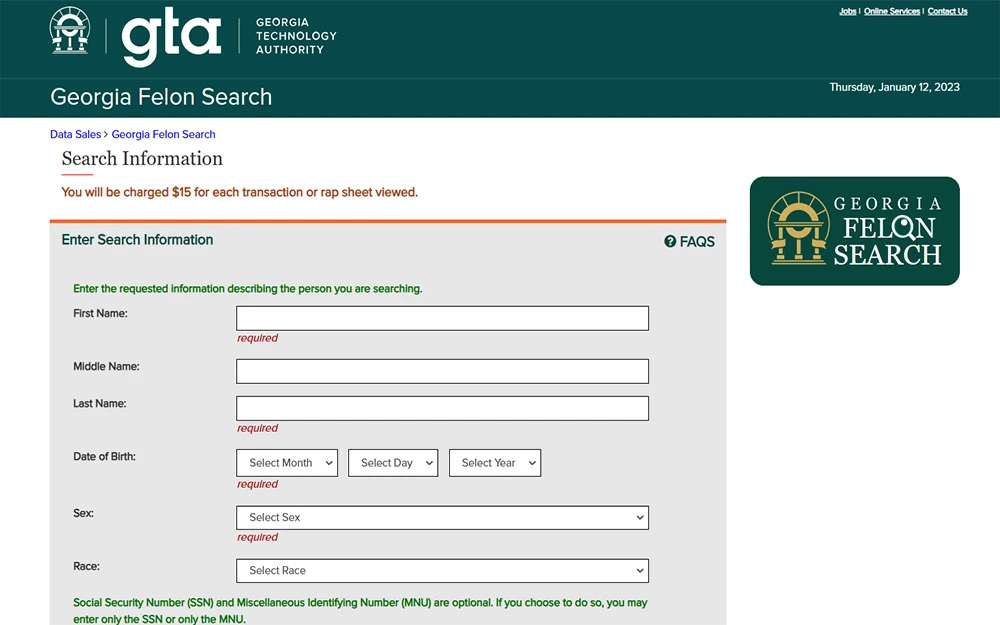 A screenshot from Georgia Technology Authority website's Felon Search page showing an empty search information form.