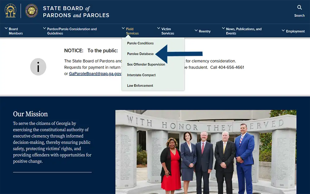 A screenshot from Georgia State Board of Pardons and Paroles' Parole board page showing a dropdown and an arrow locating the link directory to the Parolee Database.