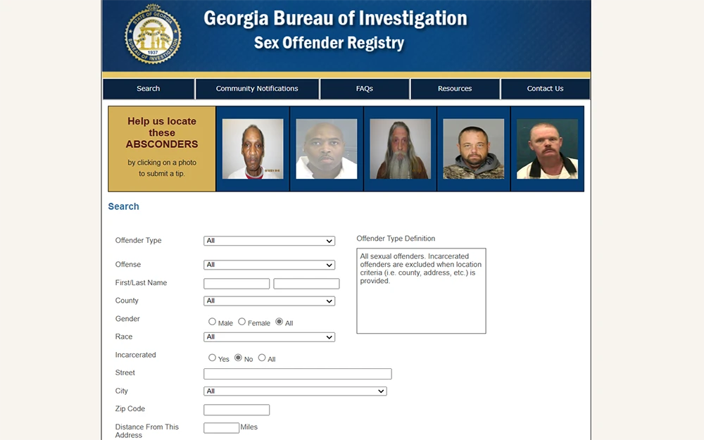 A screenshot from Georgia Bureau of Investigation website's Sex Offender Registry page showing different faces of offenders and an empty search form.