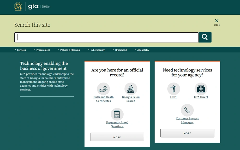 A screenshot of Georgia Technology Authority website's homepage showing different buttons of the services offered.