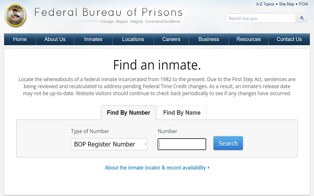 A screenshot from Federal Bureau of Prisons website showing the find an inmate search page.
