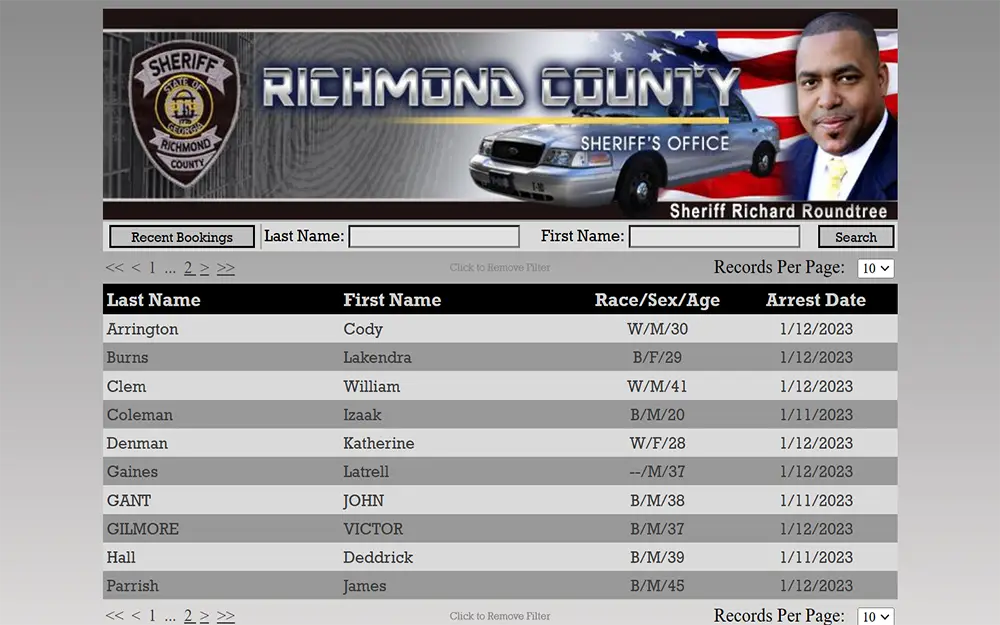 A screenshot from Richmond County Sheriff's office website online inmate inquiry page.