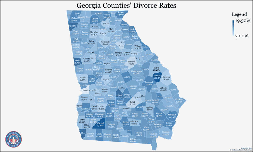 An overview of the map of Georgia's Counties with their respective divorce rates (based on Census Bureau predictions for the five years ending in 2021 and ranging from 7.00% to 19.30%) is shown.