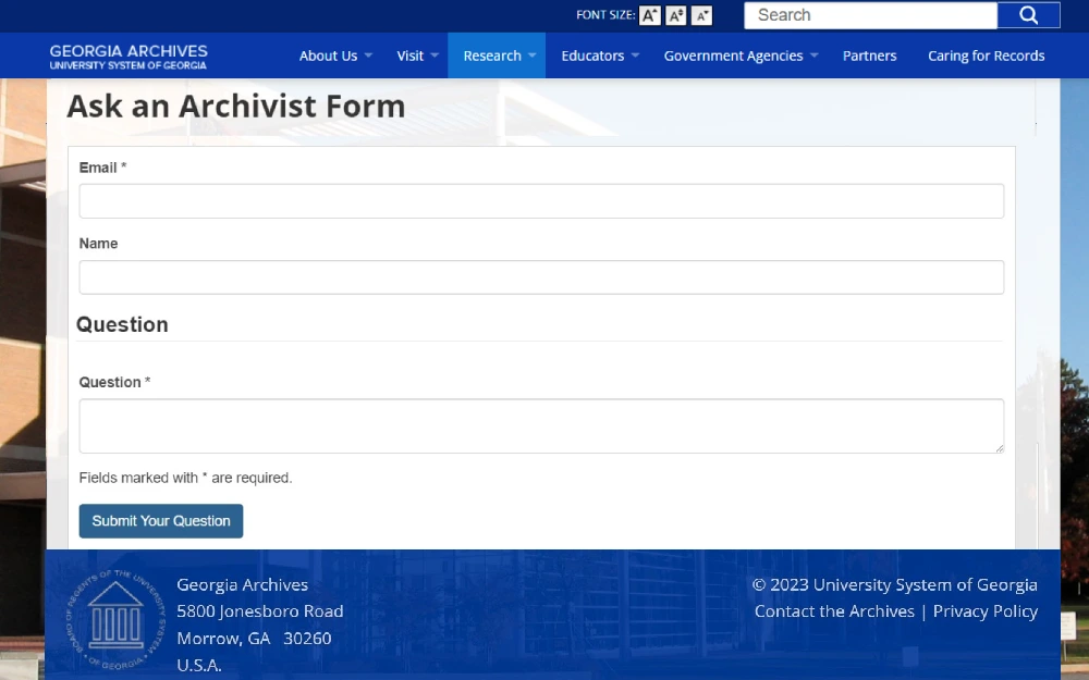 A screenshot of a form to request an archivist with the required information to fill out, such as email address, question, and name, as optional that needed to be submitted once only to the Georgia Archives website.