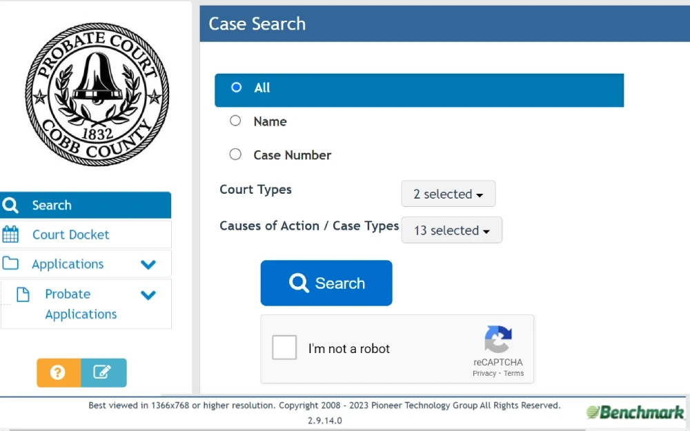A screenshot of a search tool can be used to find court cases by selecting the filter of name, case number, a drop-down box of court types, causes of action or case types from the Probate Court Cobb County website.