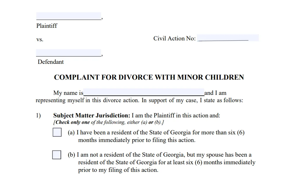 Screenshot of a section of the complaint form for divorce with minor children, with fields for names of both parties, the civil case action number, and the subject matter jurisdiction checkbox options. 
