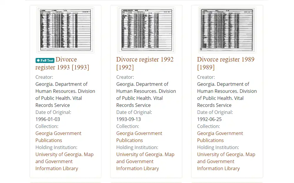 Screenshot of the search results from the state digital library showing archived registers of divorce, including their creators, dates of the originals, collections, and holding institutions.