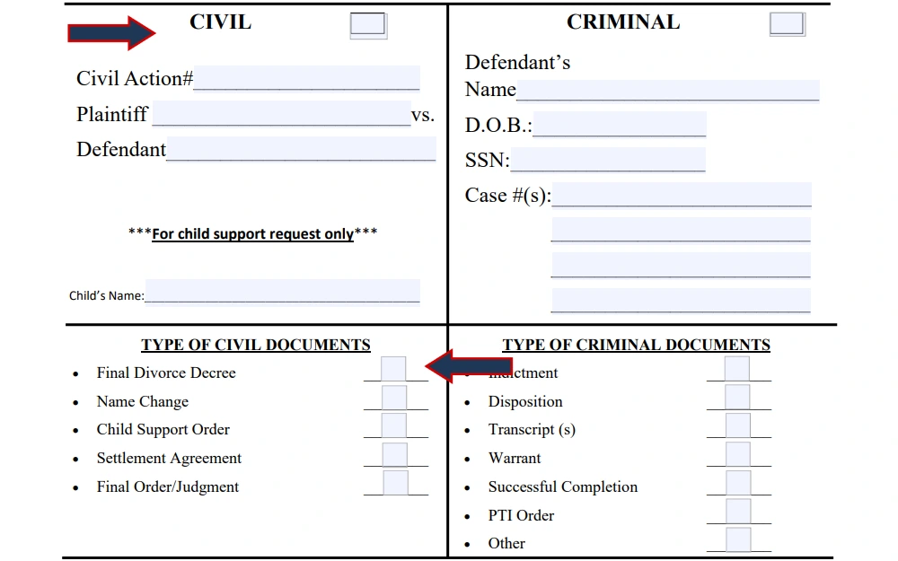 Screenshot of the file request form showcasing fields for either civil or criminal records, along with a list of document types, with the civil section and final divorce decree emphasized by arrows.