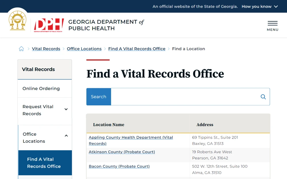 A screenshot of a search tool can be used to find vital records office information such as the location name and complete address from the Georgia Department of Public Health website.