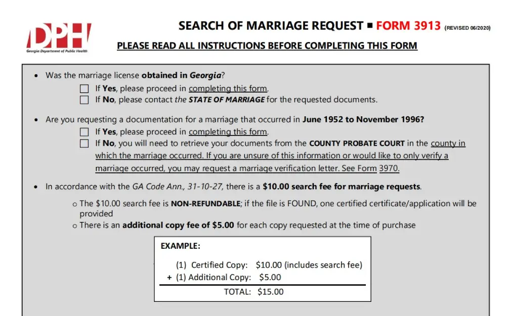 A screenshot of a search of marriage request form 3913 by completing the form information, such as answering if the marriage license is obtained, documentation of when the marriage occurred and others from the Georgia Department of Public Health website.
