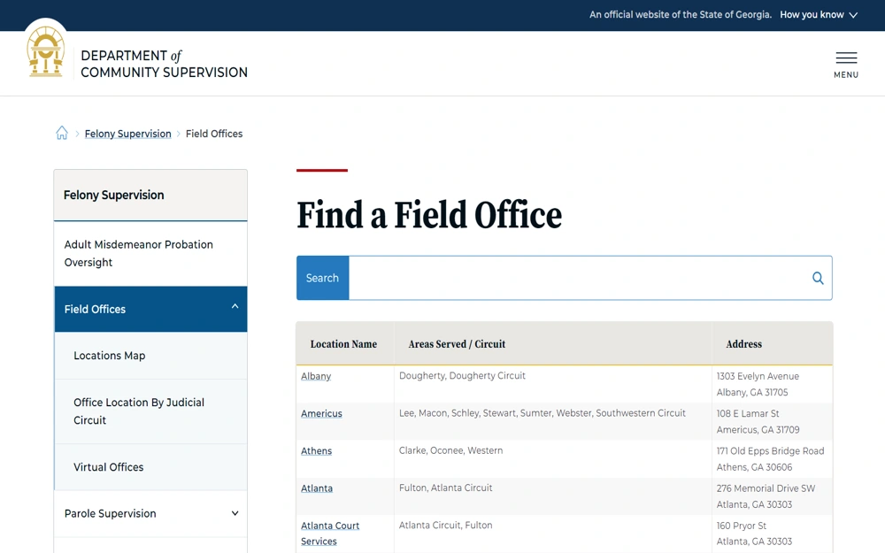 An interface from the Department of Community Supervision's website showcasing a searchable directory of field offices across various jurisdictions in Georgia, detailing names, areas served, and addresses for easy navigation and contact.