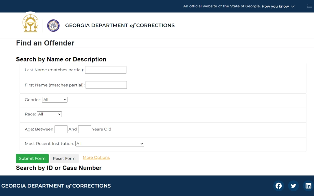 A screenshot of the Georgia Department of Corrections' online interface for searching offender information by name, description, gender, race, and age, with fields for entering partial last and first names and selecting various attributes for a targeted search.