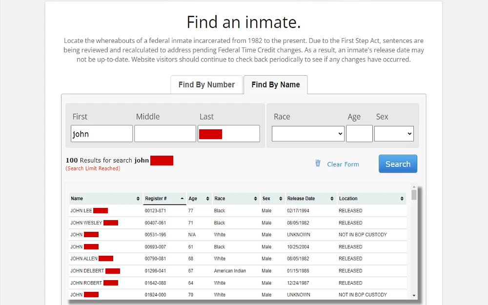 A screenshot displaying a inmate locator search tool results showing details such as full name, register number, age, race, release date information, sex, and location from the Federal Bureau of Prisons website.