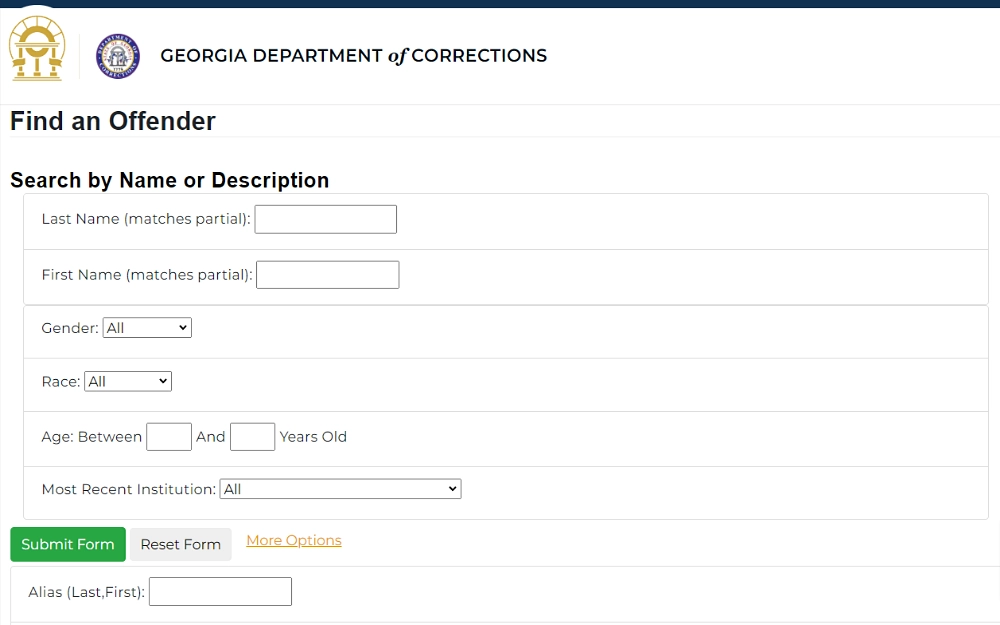 A screenshot showing a find an offender search bar from the Georgia Department of Corrections website displaying criteria such as first and last name, gender, race, age range and institution reference.