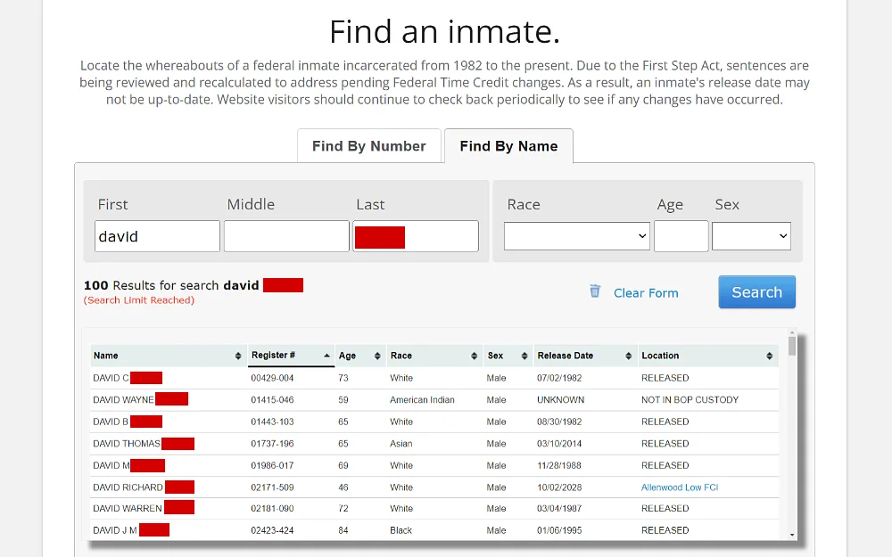 A screenshot showing an inmate locator from the Federal Bureau of Prisons website, including a find by number or by name tab and search results showing complete name, location, register number, release date, age, race, and sex.