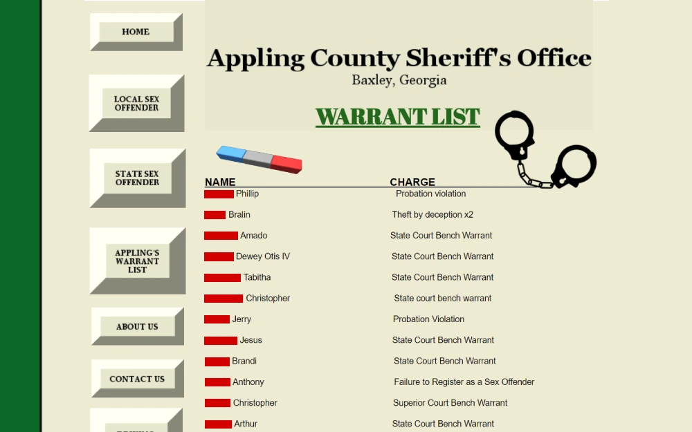 A screenshot from the Appling County Sheriff’s Office featuring a warrant list with names and corresponding charges, such as probation violation and theft, alongside navigation links for local and state sex offender registries and contact information.