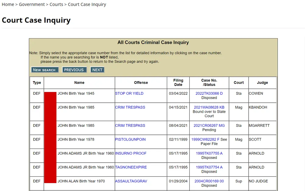 A screenshot from the Clay County Magistrate Court showing a list of defendants with the same name differentiated by birth year, their respective offenses, filing dates, case numbers, statuses, courts, and presiding judges.