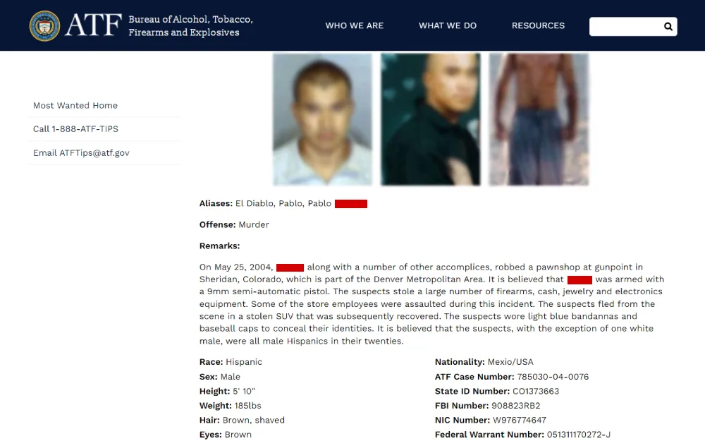 A screenshot of a most wanted notice from the Bureau of Alcohol, Tobacco, Firearms & Explosives, presenting the aliases, offense, and detailed remarks of the alleged criminal acts of an individual, along with personal attributes, case identifiers, and contact information for tips.