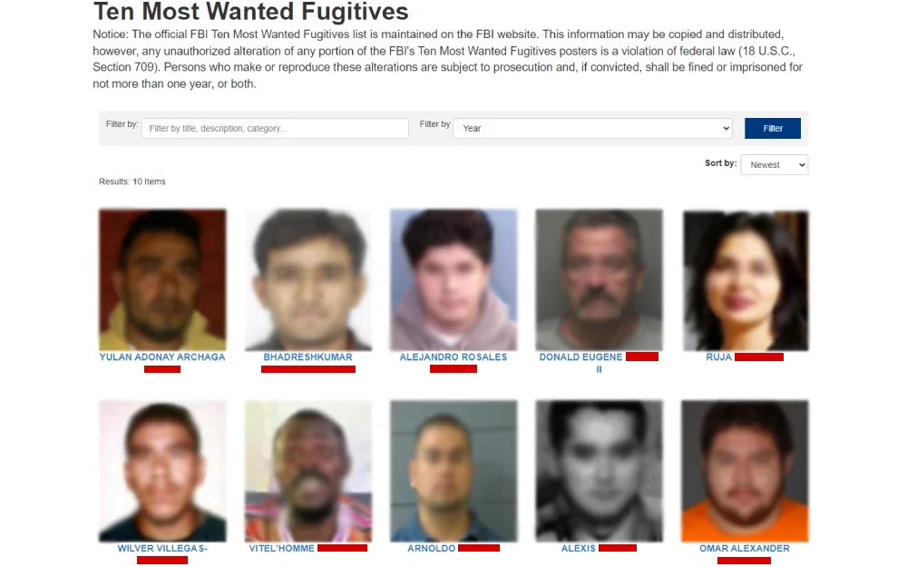 A screenshot of the ten most wanted fugitives list from the Federal Bureau of Investigation, with names, accompanied by a disclaimer about the legal restrictions on reproducing this information.