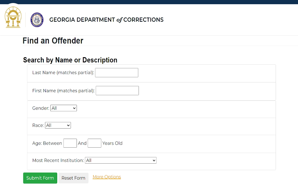 A screenshot from the Georgia Department of Corrections displaying a find an offender and search fields by name or description such as last name, first name, age duration, and a dropdown box selection of gender, race and most recent institution, submit form and reset form icon.