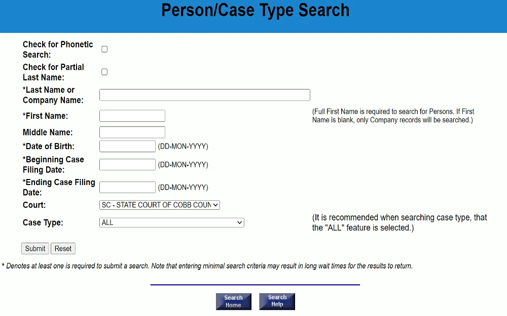 A screenshot showing the person or case-type search tool of the State Court of Cobb County, Georgia displaying a check box for phonetic search or partial last name, including last name or company name, first name, middle name, date of birth, beginning and ending case filing date, court and case type dropdown box selection.