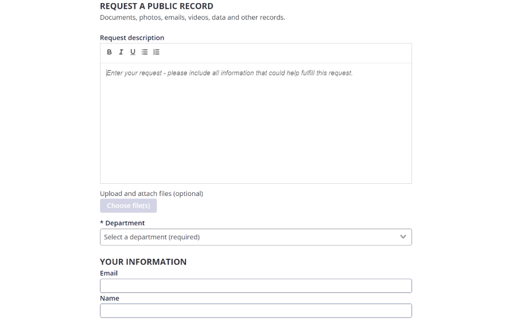 A screenshot of an online form requesting public records from Cherokee County, where users can provide a detailed description of their request, optionally attach files, and select the relevant department, along with fields to enter personal contact information.