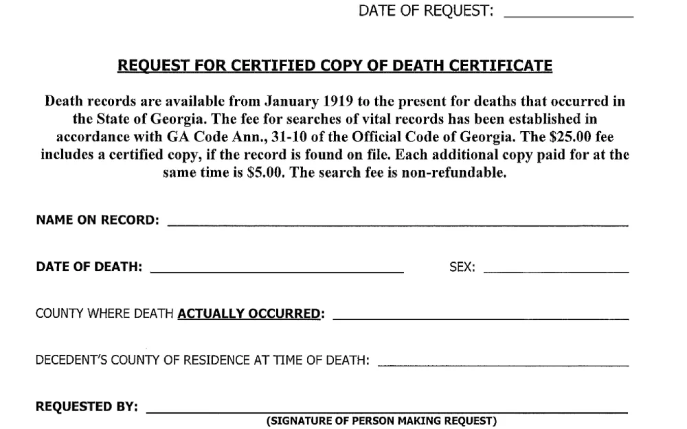 A screenshot shows a form from Paulding County titled "Request for Certified Copy of Death Certificate," detailing the process and fees involved in obtaining a death certificate, specifying that these records have been available since January 1919, with a fixed fee for each search and additional copies, and highlighting that the search fee is non-refundable.