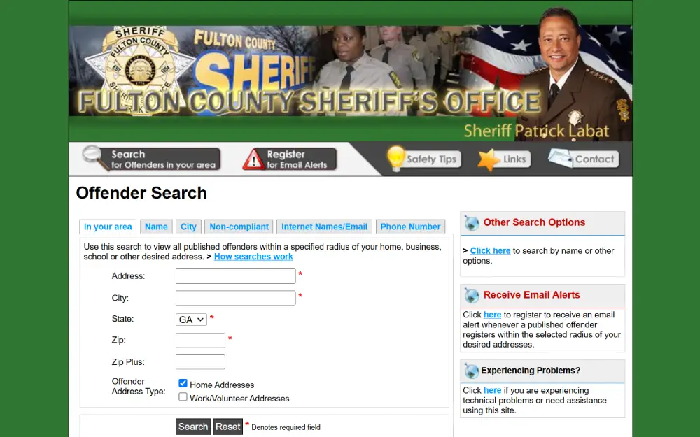 A screenshot of the Fulton County Sheriff's Office website features an offender search tool that allows users to locate published offenders by name, city, or proximity to specific addresses, such as homes or businesses, with options to search for non-compliant offenders and those registered under internet names or email addresses.