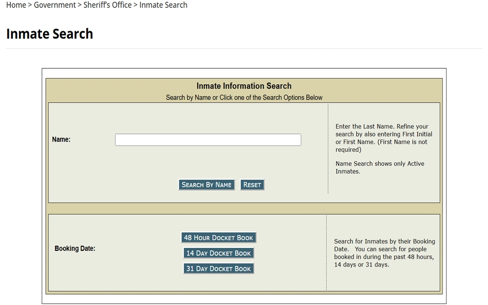 A screenshot from the Clayton County Government displays a sheriff's office that allows users to search for inmates by name, with additional search options including various docket books spanning 48 hours, 14 days, and 31 days to refine searches based on booking dates.