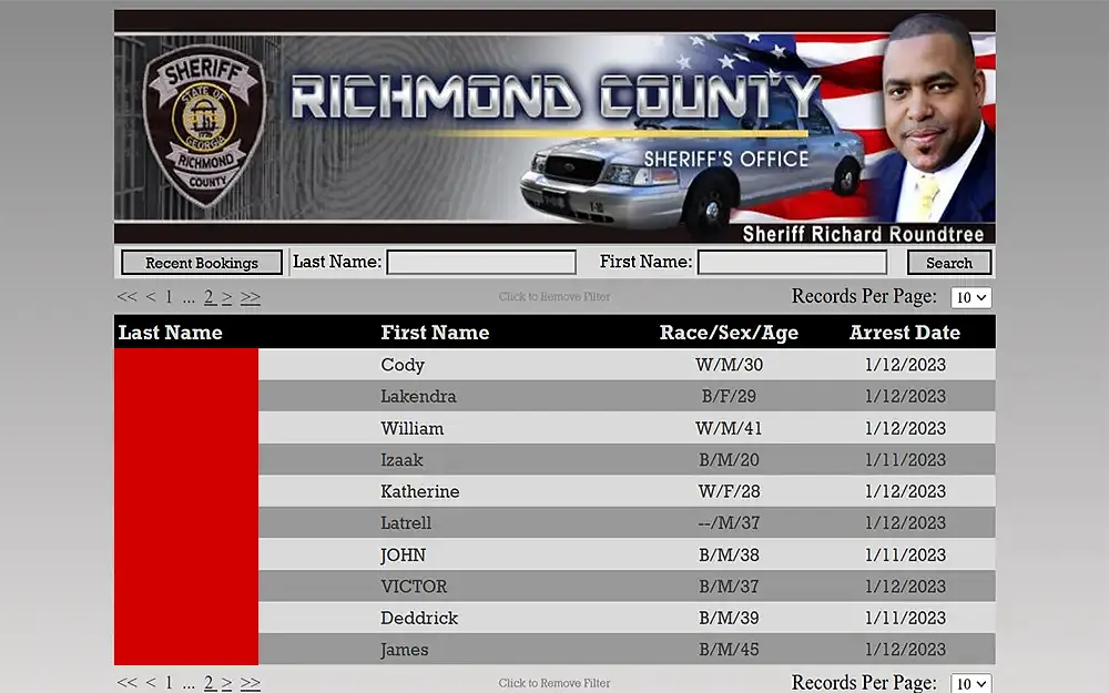 A screenshot from Richmond County Sheriff's office website online inmate inquiry page.