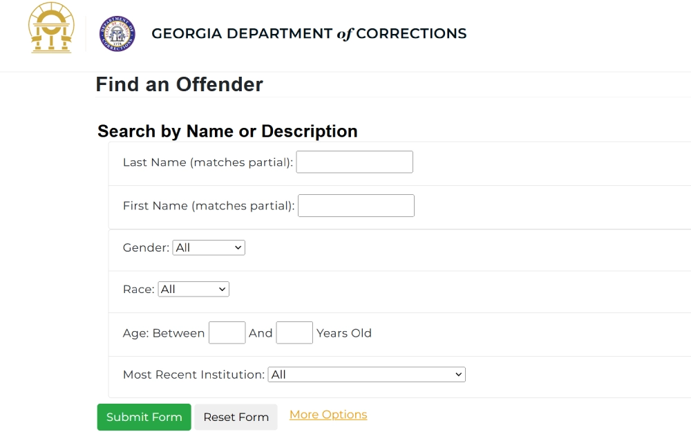 A screenshot shows a search form from the Georgia Department of Corrections, allowing users to find information about offenders by entering partial names, selecting gender, race, and age range, and specifying the most recent institution where the individual was located.