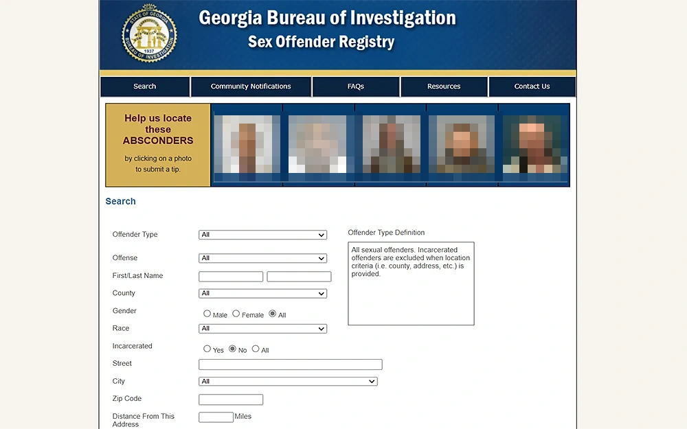 A screenshot from the Georgia Bureau of Investigation website's Sex Offender Registry page, which shows different faces of offenders and an empty search form.