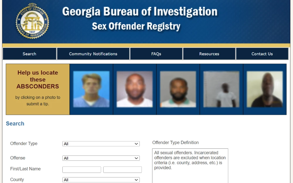 A screenshot from the Georgia Bureau of Investigation featuring a banner and a section titled "Help us locate these ABSCONDERS" with photographs of individuals, inviting the public to submit tips to assist in locating them.