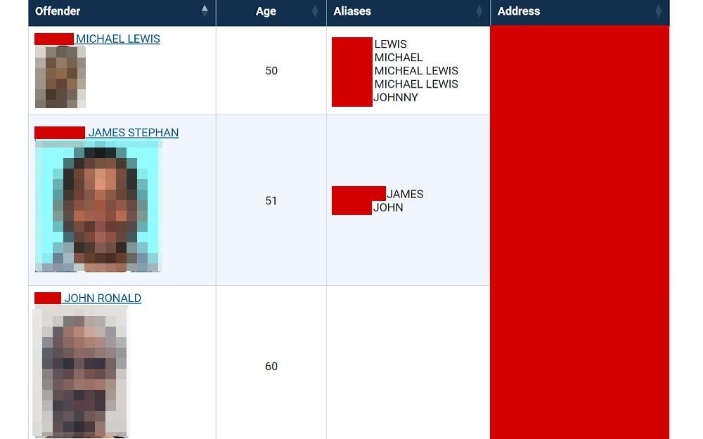 A screenshot showing an offender search results showing the offender's name, age, aliases and address from the United States Department of Justice National Sex Offender Public Website.