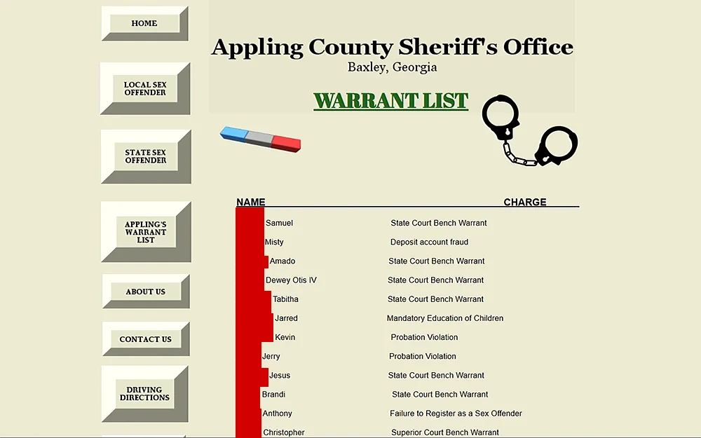 A screenshot from the Appling County Sheriff's Office website's warrant list page shows several names with charges.